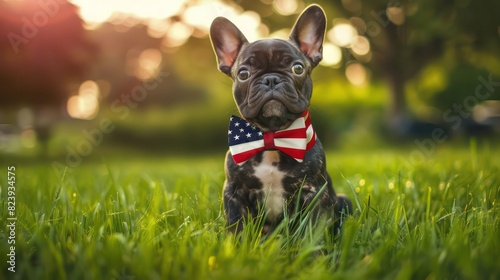 Dog french bulldog in bow tie and with American flag, independence day. Generative AI