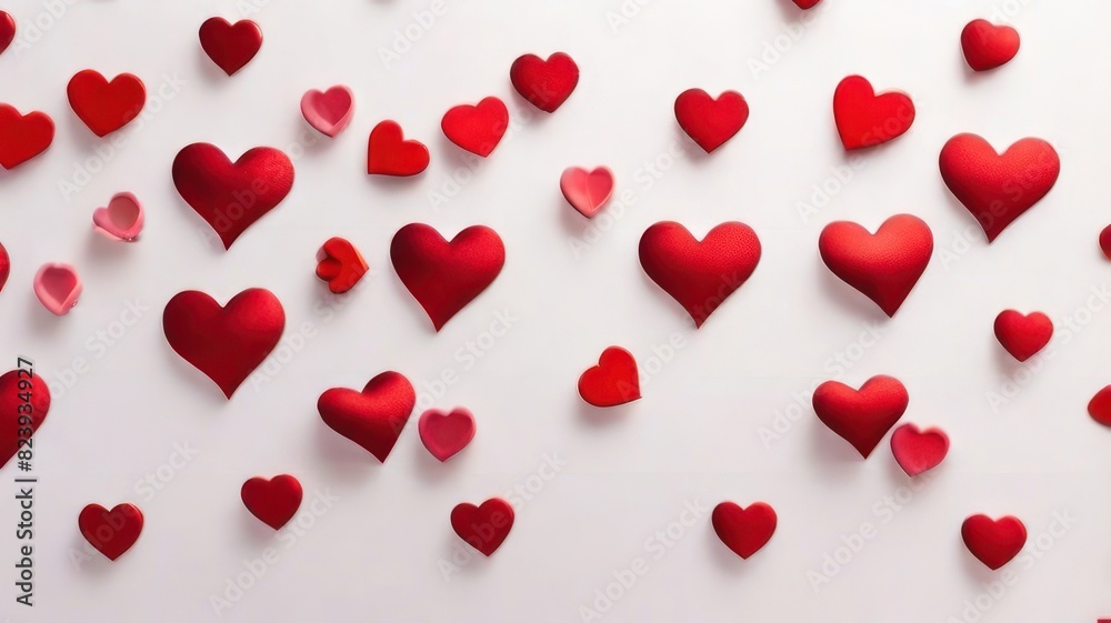 White background with many red and white hearts all around it with empty space in the center