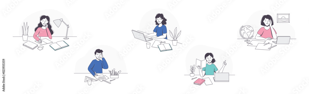 School Pupil Doing Homework Sitting at Desk with Book and Copybook Studying Vector Set School Pupil Doing Homework Sitting at Desk with Book and Copybook Studying Vector Set