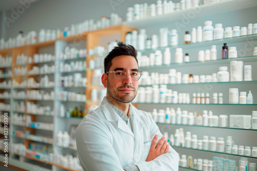 Portrait of a man pharmacist with arms crossed in a pharmacy © LidiaLens