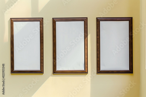 showcasing three empty posters in brown frames on a light yellow wall. © Aistock