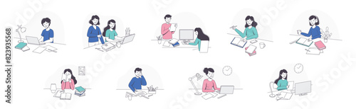 School Pupil Doing Homework Sitting at Desk with Book and Copybook Studying Vector Set