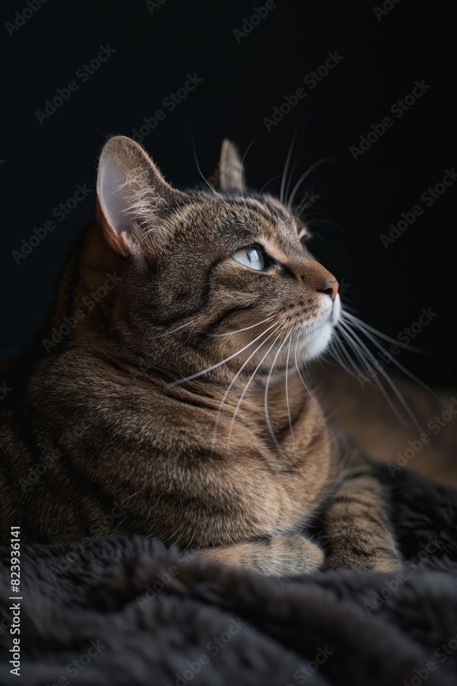 A cat is laying on a black blanket with its eyes closed A cat is laying on a black blanket with its eyes closed