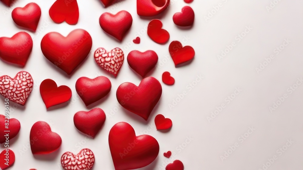 White background with many red and white hearts all around it with empty space in the center White background with many red and white hearts all around it with empty space in the center