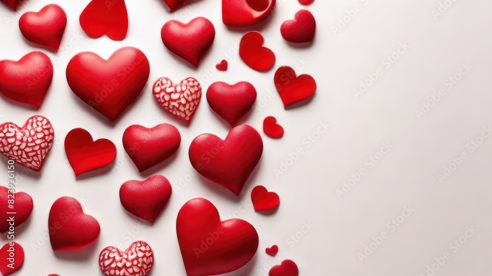 White background with many red and white hearts all around it with empty space in the center