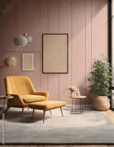 Living room interior room concrete wall in warm tones gray armchair on wooden flooring. 