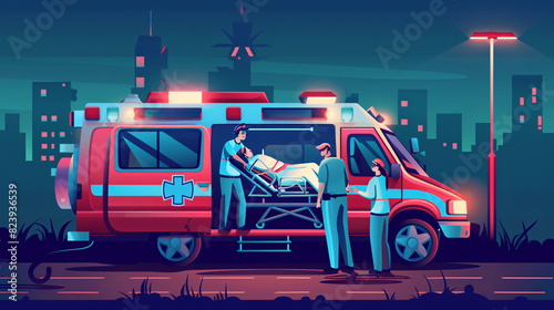 emergency medical team is helping a patient in an ambulance.The paramedics work swiftly,administering first aid monitoring vital signs. The ambulance's interior is filled with urgency and focused care