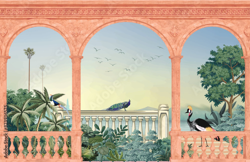 ancient greek garden wallpaper.Greek, Roman, Greek arch, garden, peacock, wallpaper Illustrations. Roman architecture dome, fountain, parrot landscape illustration for wallpaper.