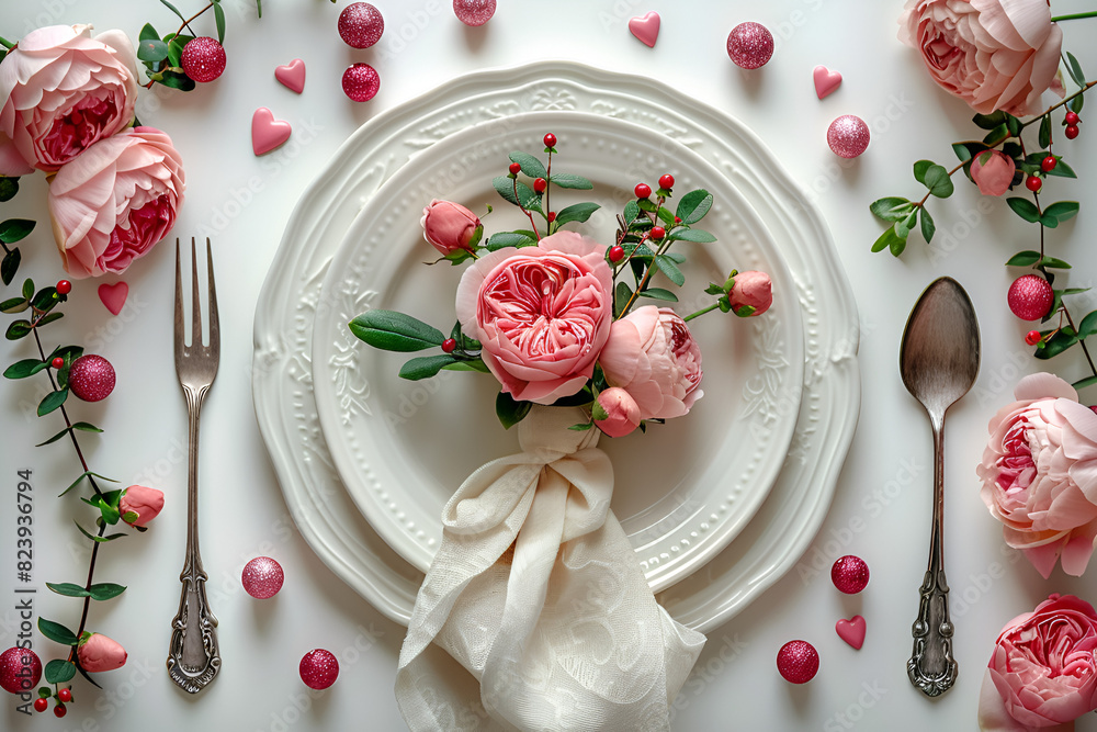 Festive table setting with pink roses white plates and cutlery,Wedding tablescape with peony bouquet formal dinner table setting table Festive table setting with pink roses white plates and cutlery,Wedding tablescape with peony bouquet formal dinner table setting table