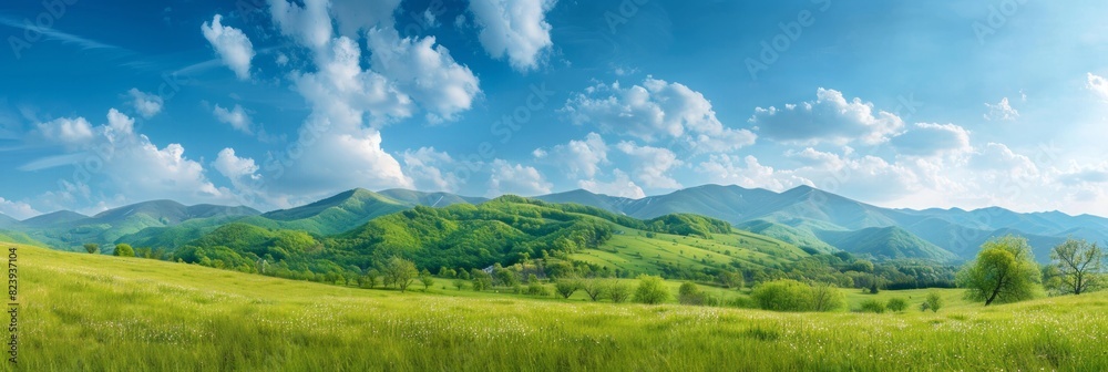 Fototapeta premium Beautiful panoramic view of green grassy hills with trees and mountains in the background under a blue sky on a sunny day