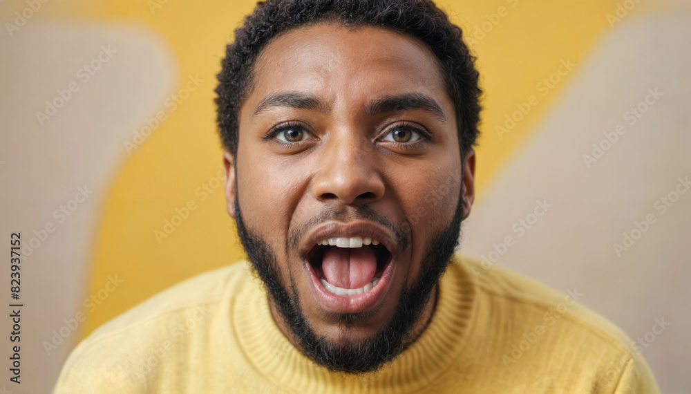 Excited African man looking at camera and seeing something he likes, isolated on yellow background. Amazed black male model with stunned expression Excited African man looking at camera and seeing something he likes, isolated on yellow background. Amazed black male model with stunned expression