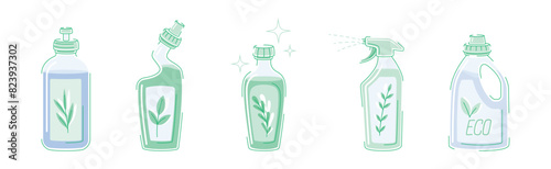 Detergent Bottle with Eco Label and Closed Cap as Household Cleaning Equipment Vector Set