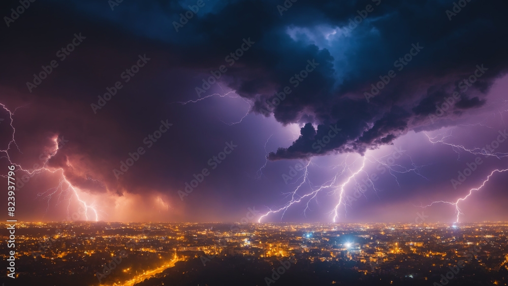 A powerful storm with lightning illuminating in the dark sky. Dramatic view of heavy, destructive thunderstorm approaching the night city. Concept of natural disasters, weather changes, cataclysms. 