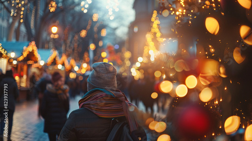 People are enjoying shopping at the Christmas market, where colorful lights illuminate the festive atmosphere. The air is filled with the scent of mulled wine and roasted chestnuts as shoppers browse. photo