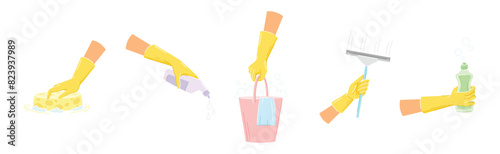 Hand in Yellow Glove Cleaning Floor and House Vector Set