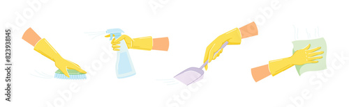 Hand in Yellow Glove Cleaning Floor and House Vector Set
