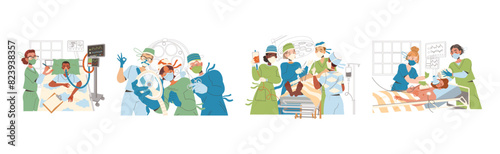 Doctors with Patient as Medical Staff Working in Clinic Vector Illustration Set