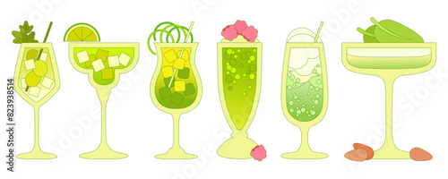 Cocktails set. Soft drinks with ice cubes, berries, citrus, grapes. Margarita. Green cocktail. Smoothie. Alcohol drink for bar. Non-alcoholic beverage. Flat vector illustration with outline, gradient