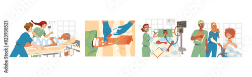 Doctors with Patient as Medical Staff Working in Clinic Vector Illustration Set