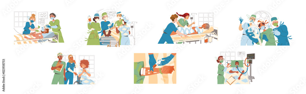Doctors with Patient as Medical Staff Working in Clinic Vector Illustration Set Doctors with Patient as Medical Staff Working in Clinic Vector Illustration Set