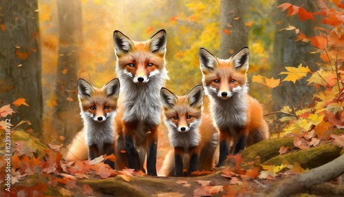 A family of foxes playing in a colorful autumn woodland.