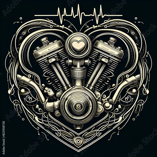 vintage motorcycle engine as the heart of the bike, with artistic flourishes like heartbeat lines and stylized mechanical elements radiating from it