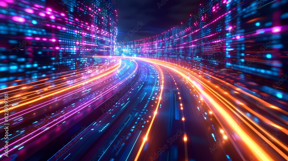 High Speed Luminous Data Flow over Dark Digital Backdrop High Speed Luminous Data Flow over Dark Digital Backdrop