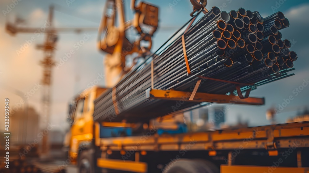 Naklejka premium Steel Rebar Bundles Lifted by Crane for Construction Site