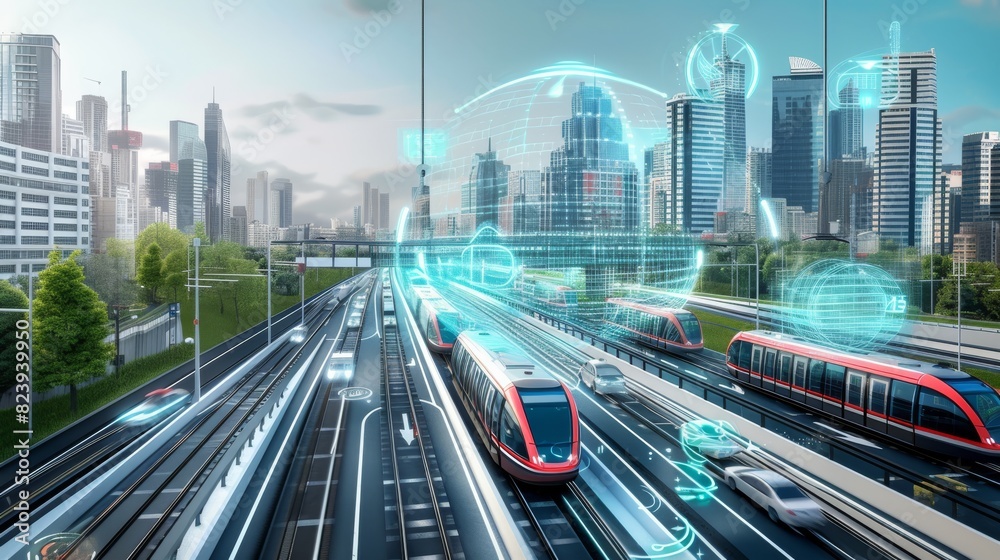 Fototapeta premium A vibrant depiction of a futuristic city with dynamic data flows and virtual projections over an urban skyline.