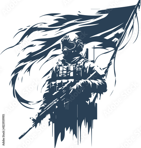 Armed soldier beside a raised flag in modern vector stencil photo