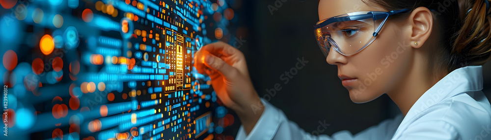 Female Scientist Analyzing Digital Hologram Display Processor Chip in High Tech Laboratory Female Scientist Analyzing Digital Hologram Display Processor Chip in High Tech Laboratory