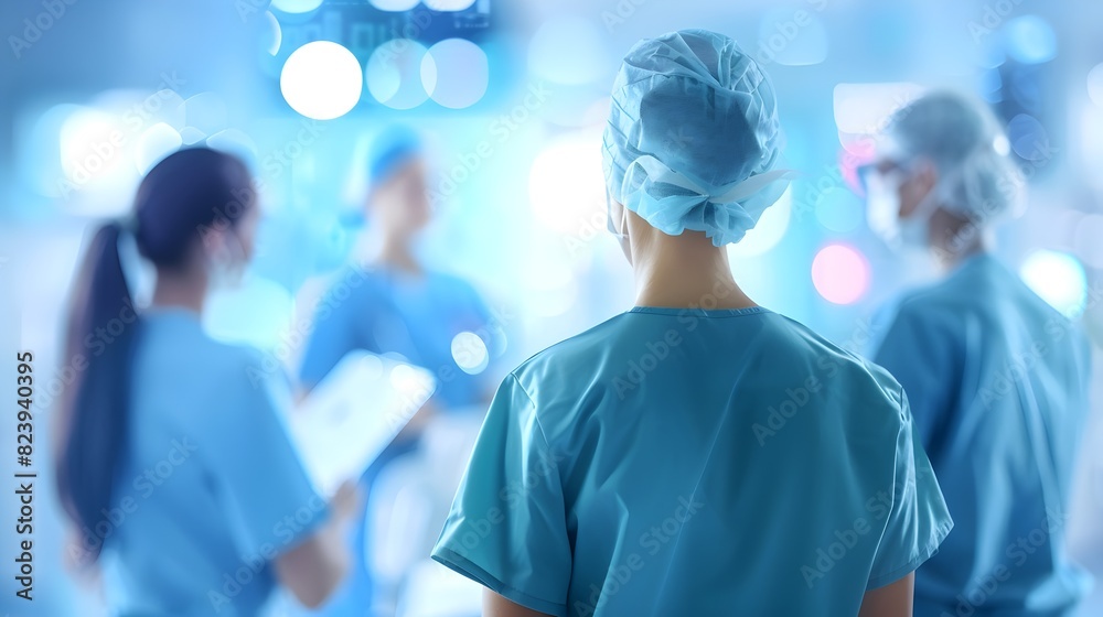 Rear View of a Medical Team in Scrubs Discussing Patient Chart in Hospital Ward Emphasizing Teamwork and Rear View of a Medical Team in Scrubs Discussing Patient Chart in Hospital Ward Emphasizing Teamwork and