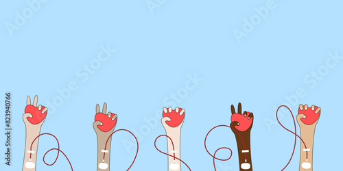 World blood donor day concept. Design of background for banner. Hands of people of different nationalities and races. Blood transfusion tube. Types of skins. Donate blood.