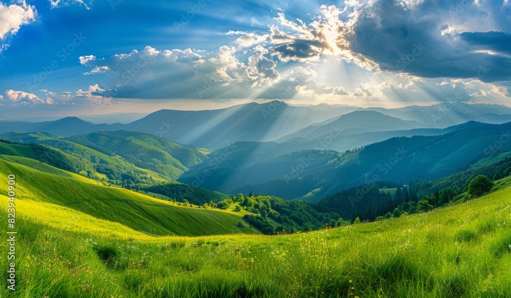 Beautiful summer landscape with green grass, mountains and blue sky with sun rays Beautiful summer landscape with green grass, mountains and blue sky with sun rays