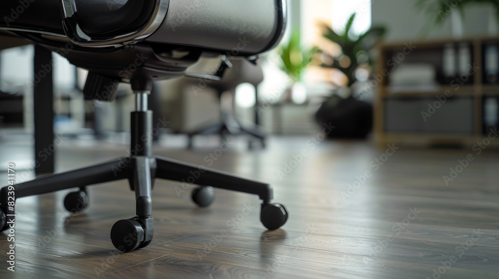 Close-up of a black office chair wheel with a blurred office in the background. Close-up of a black office chair wheel with a blurred office in the background.