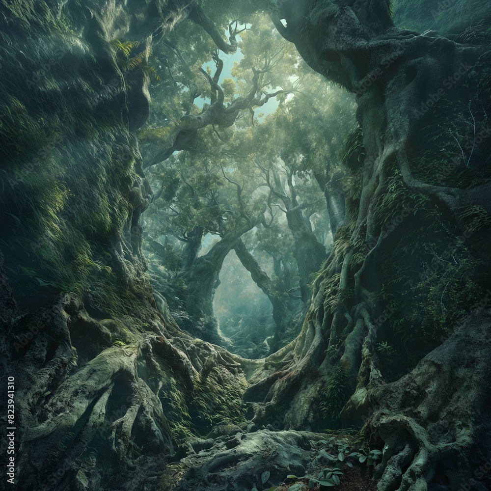 A dense, primeval forest, untouched by time, where ancient trees rise majestically towards the sky, their roots entwined in an intricate dance with the earth.