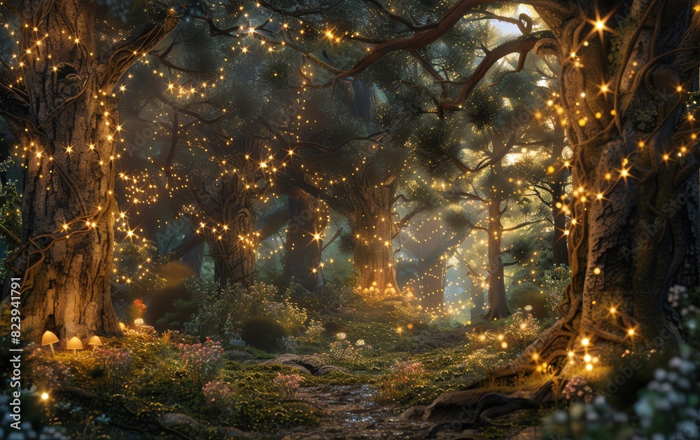 Lush forest with twinkling lights