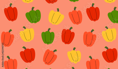 Seamless pattern of red, yellow, green, and orange bell peppers on red background. Simple vector design for textiles, wallpapers, and prints.