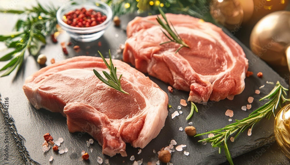 Fresh Pork Meat on Black Stone Background Fresh Pork Meat on Black Stone Background
