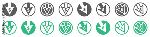 Set of cost reduction icon. Dollar down icon, dollar decrease. Cost price low, vector.