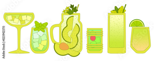 Cocktails set. Soft drinks with ice cubes, avocado, nuts. Margarita. Green cocktail Smoothie. Milkshake. Alcohol drink for bar. Non-alcoholic beverage. Flat vector illustration with outline, gradient