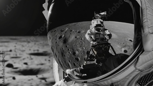 Detailed close-up of astronaut helmet showing lunar landing module on the moon's surface, high contrast imagery. Moon landing photo