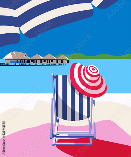 Summer-themed poster. Illustration of sun lounger, sea and sun umbrella. vacation bungalow, Illustration for summer sales. Vector illustration