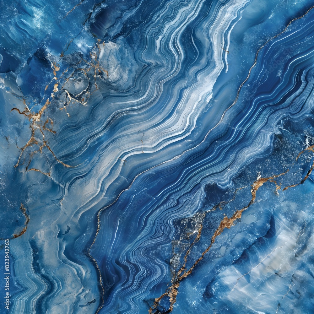 A detailed shot of a blue marble slab, showcasing the depth of its ocean-like patterns and swirling hues, under the clear, bright noon light.