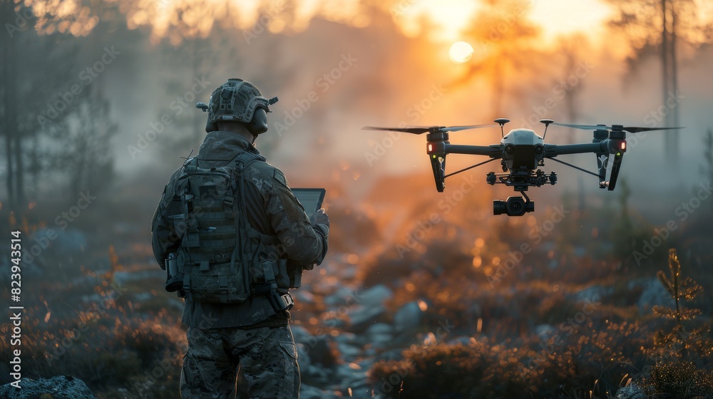 A military man in camouflage stands in a rugged terrain overgrown with grass and stones, holding a tablet with a drone control interface. A military man in camouflage stands in a rugged terrain overgrown with grass and stones, holding a tablet with a drone control interface.