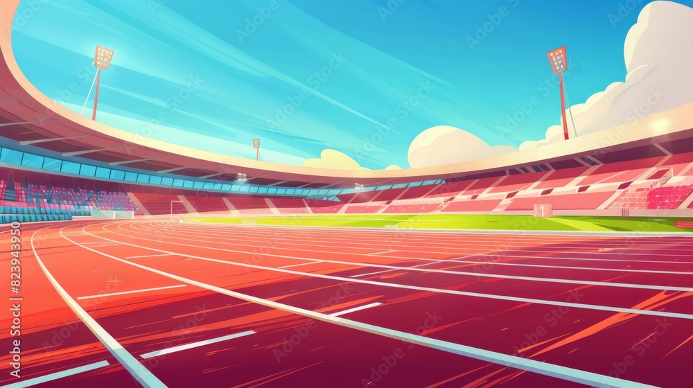 Colorful hand-drawn cartoon of a sports stadium.

