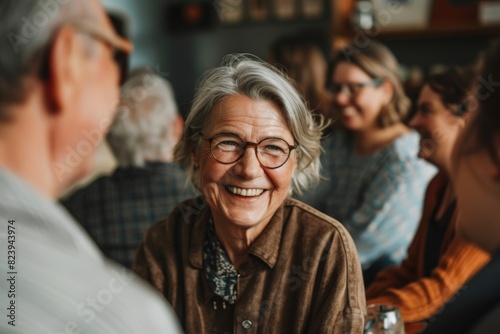 Portrait of a senior woman smiling and looking at the camera with her friends in the background