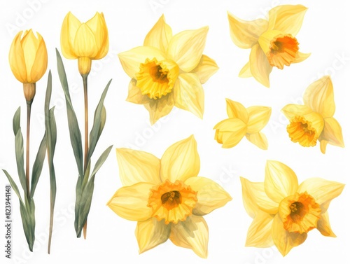 Narcissus watercolor daffodil flowers on white background