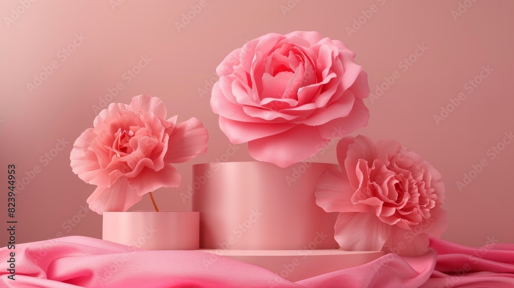 Product display podium with a pink rose backdrop.

