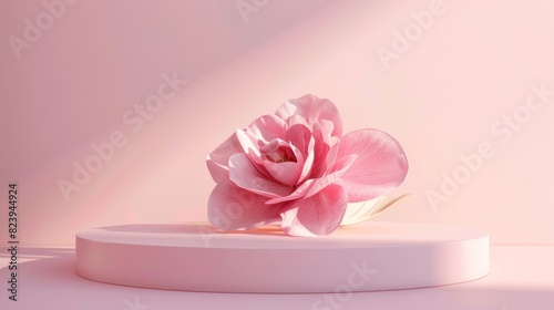 Product display podium with a pink rose backdrop.